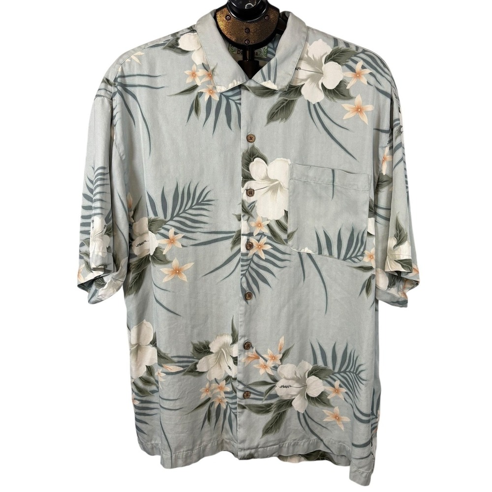 Tommy Bahama Mens XL Silk Tropical Hibiscus Floral Camp Shirt Sage Green